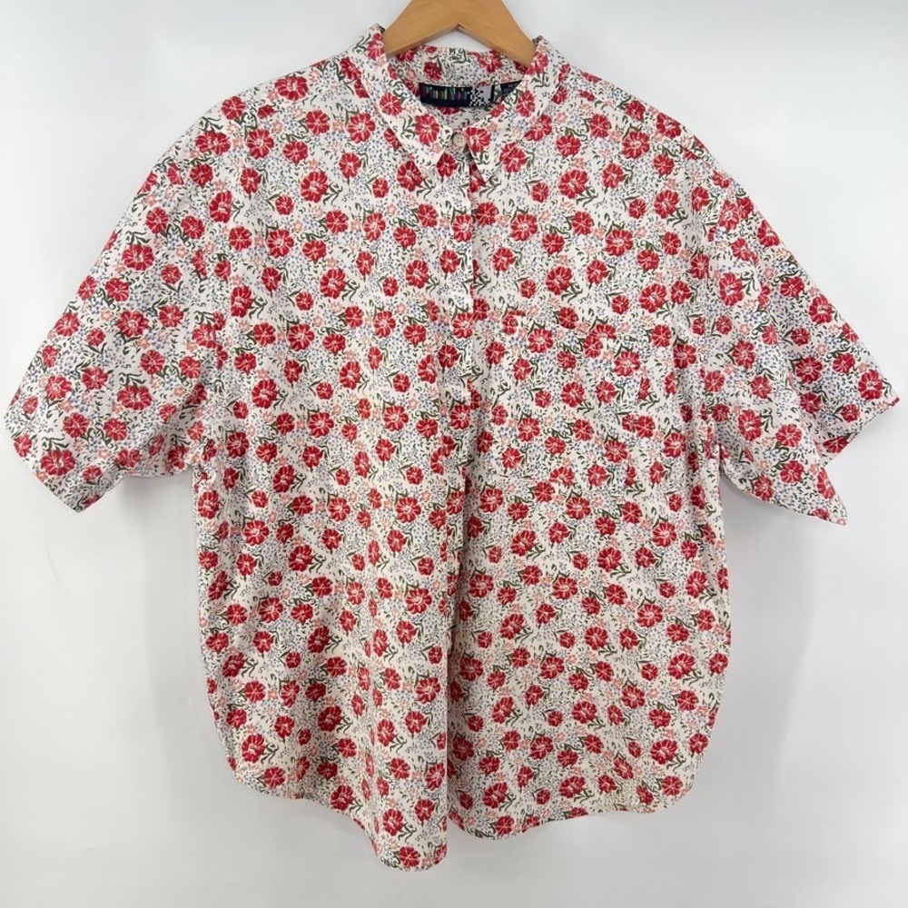 Vintage Shirt Women 2X Floral Cotton Boxy Button Up Short Sleeve Cottage 90s